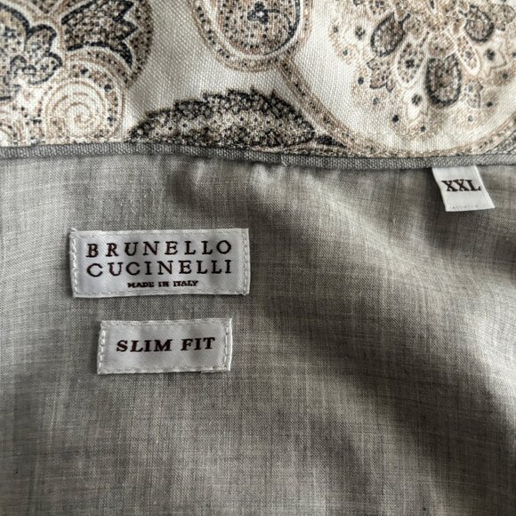 $1250 Brunello Cucinelli White Cotton Shirt With Brown Paisley Print - XL - Picture 7 of 10